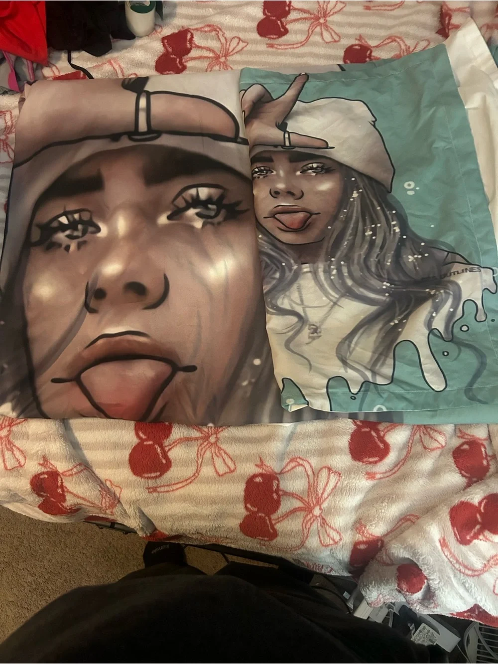 Billie eilish Illustrated Girl Pillow Cover and sheet  in Teal and White
